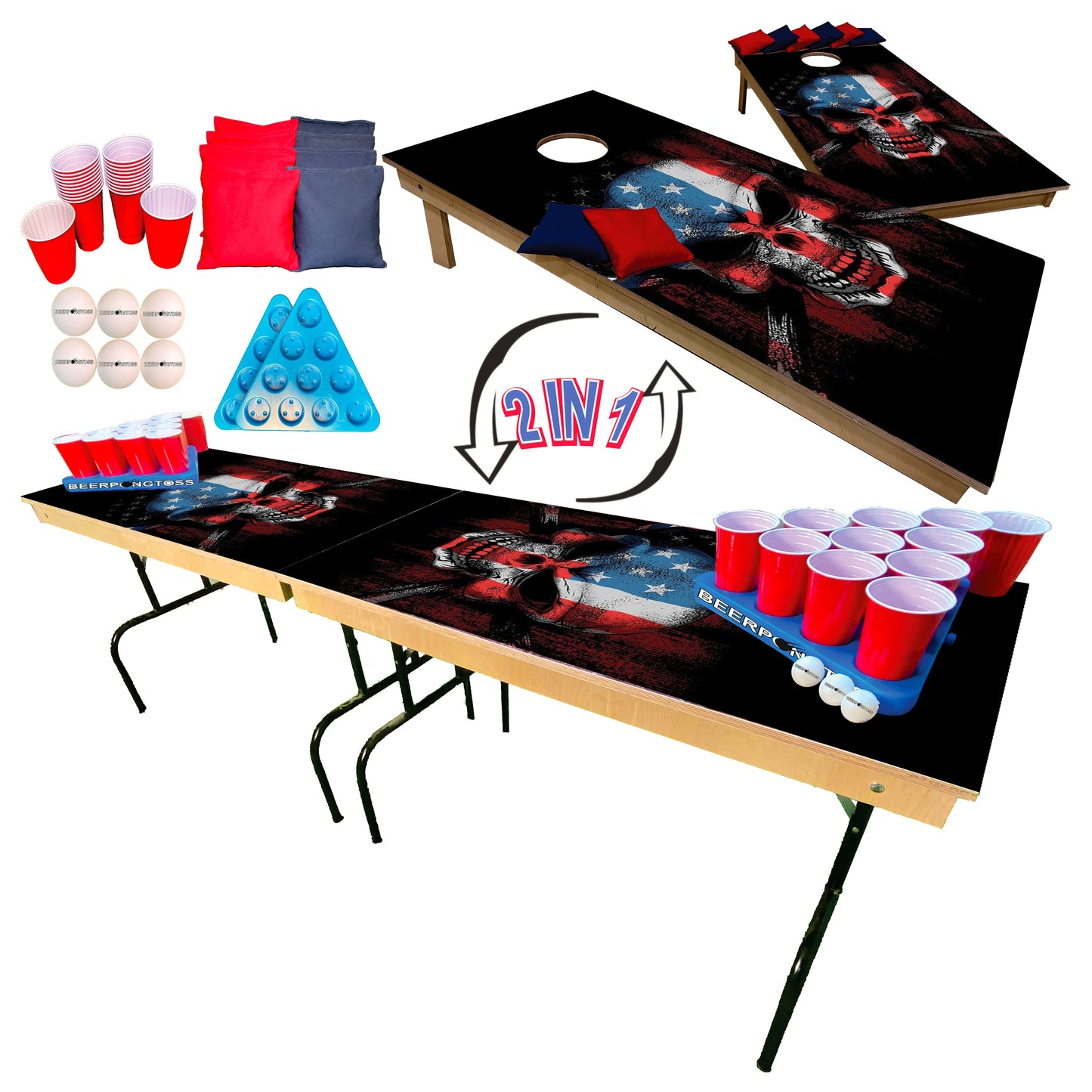 2-in-1 Cornhole & Pong Table - Skull Bones