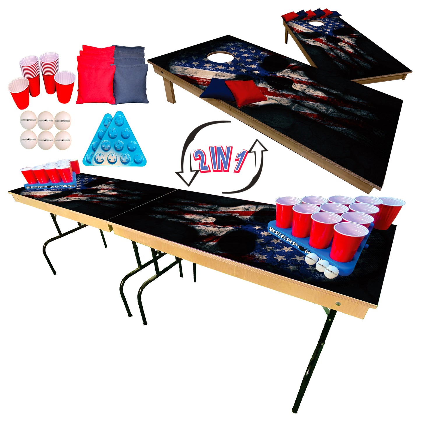 2-in-1 Cornhole & Pong Table Faded Skull