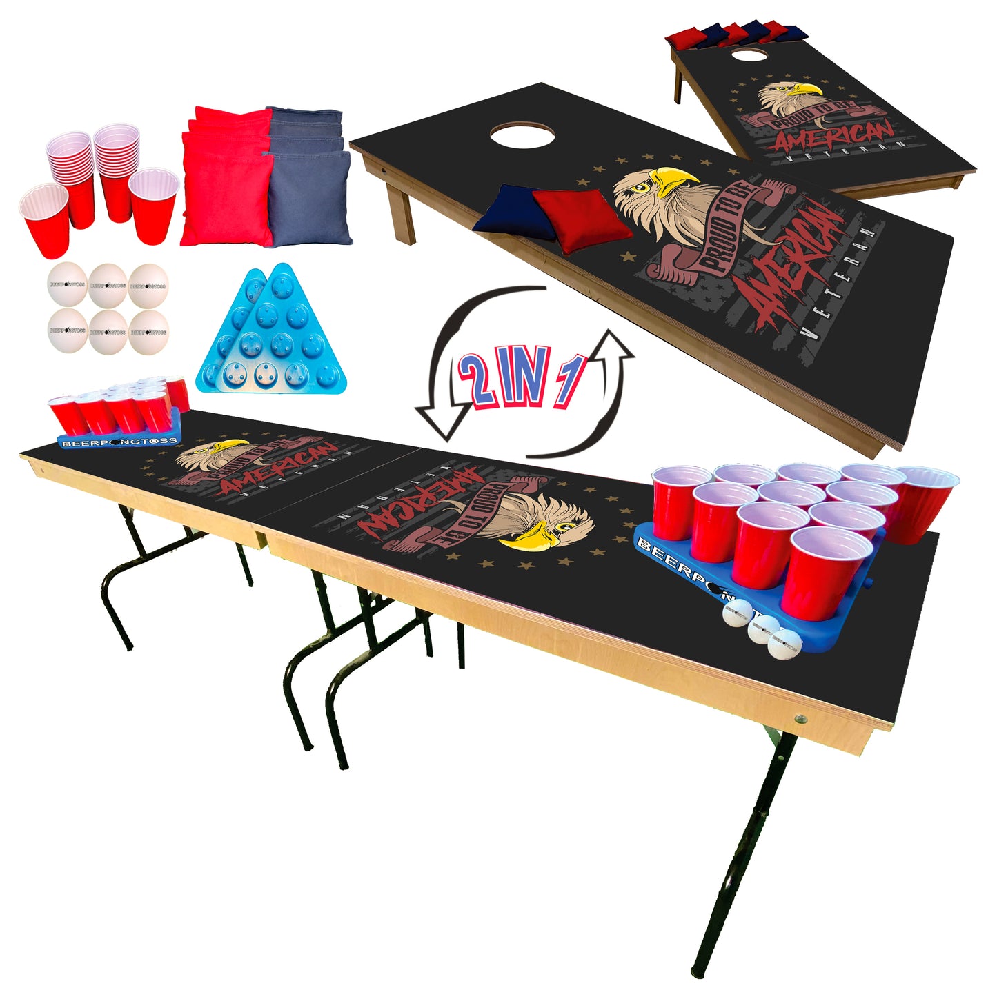 2-in-1 Cornhole & Pong Table - American Vet