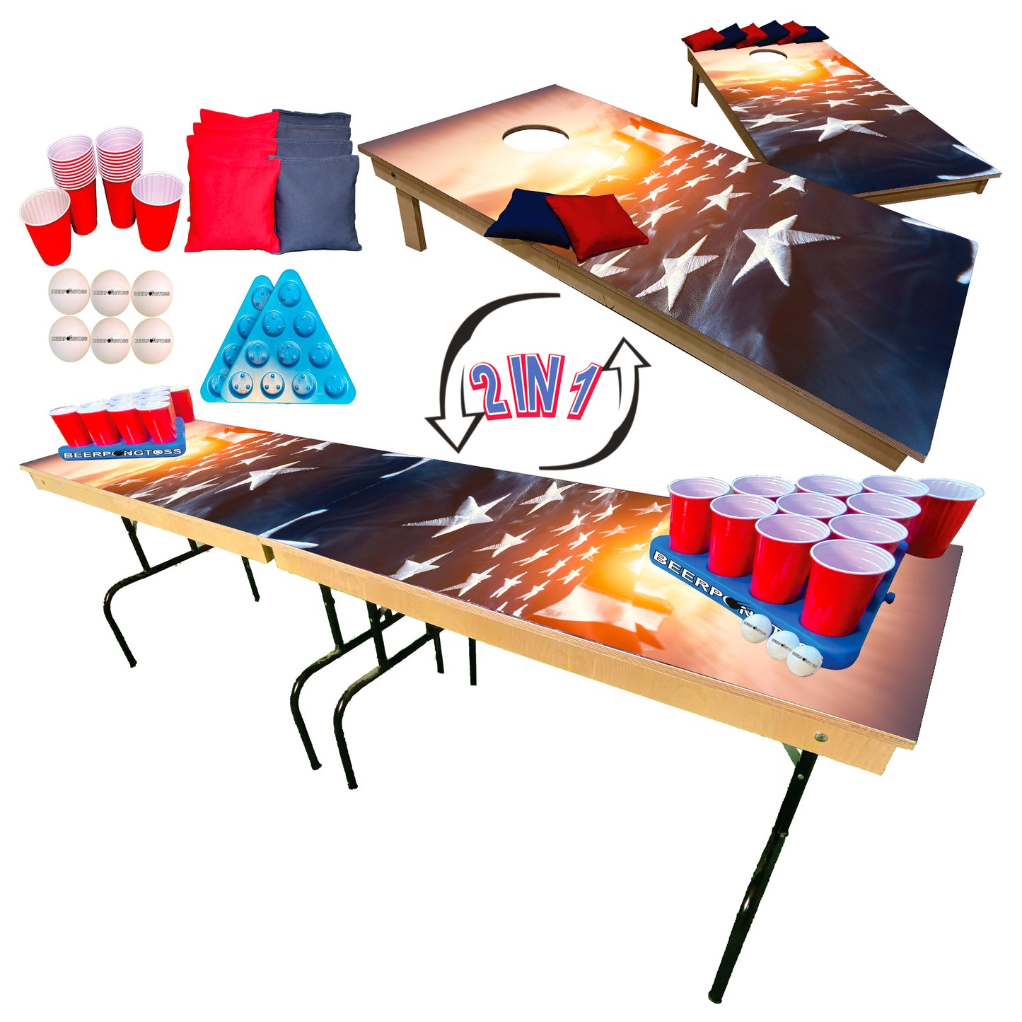 2-in-1 Cornhole & Pong Table - Sunset Flag