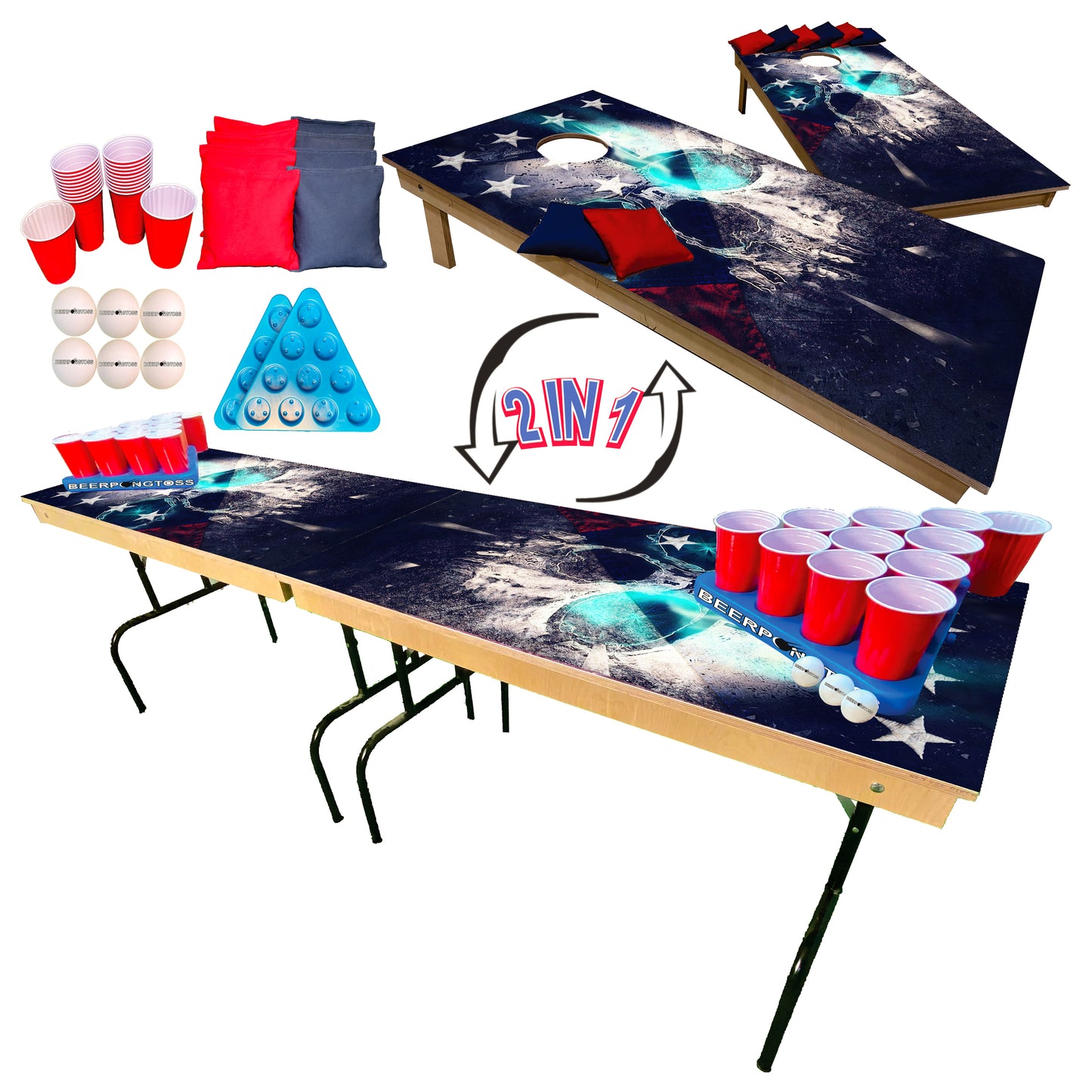 2-in-1 Cornhole & Pong Table - Blue Eye Skull