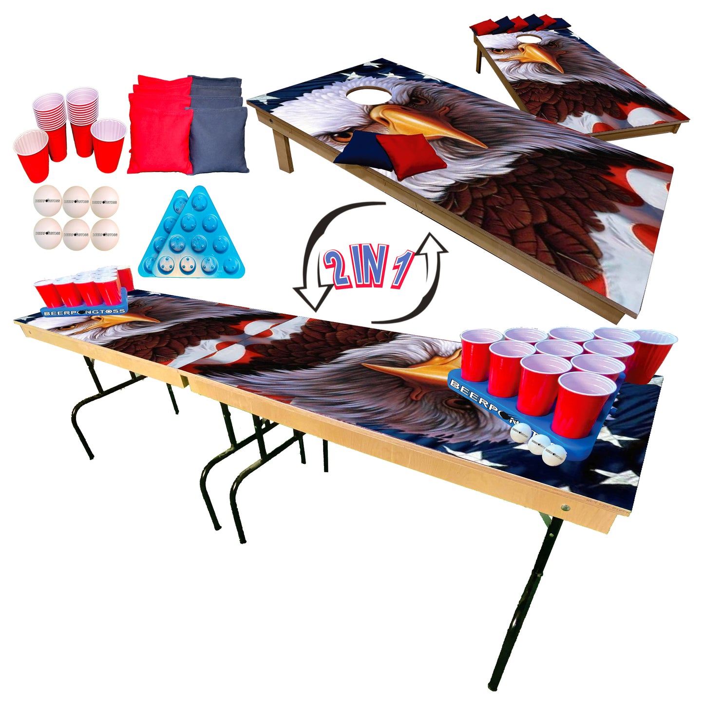 2-in-1 Cornhole & Pong Table - Eagle