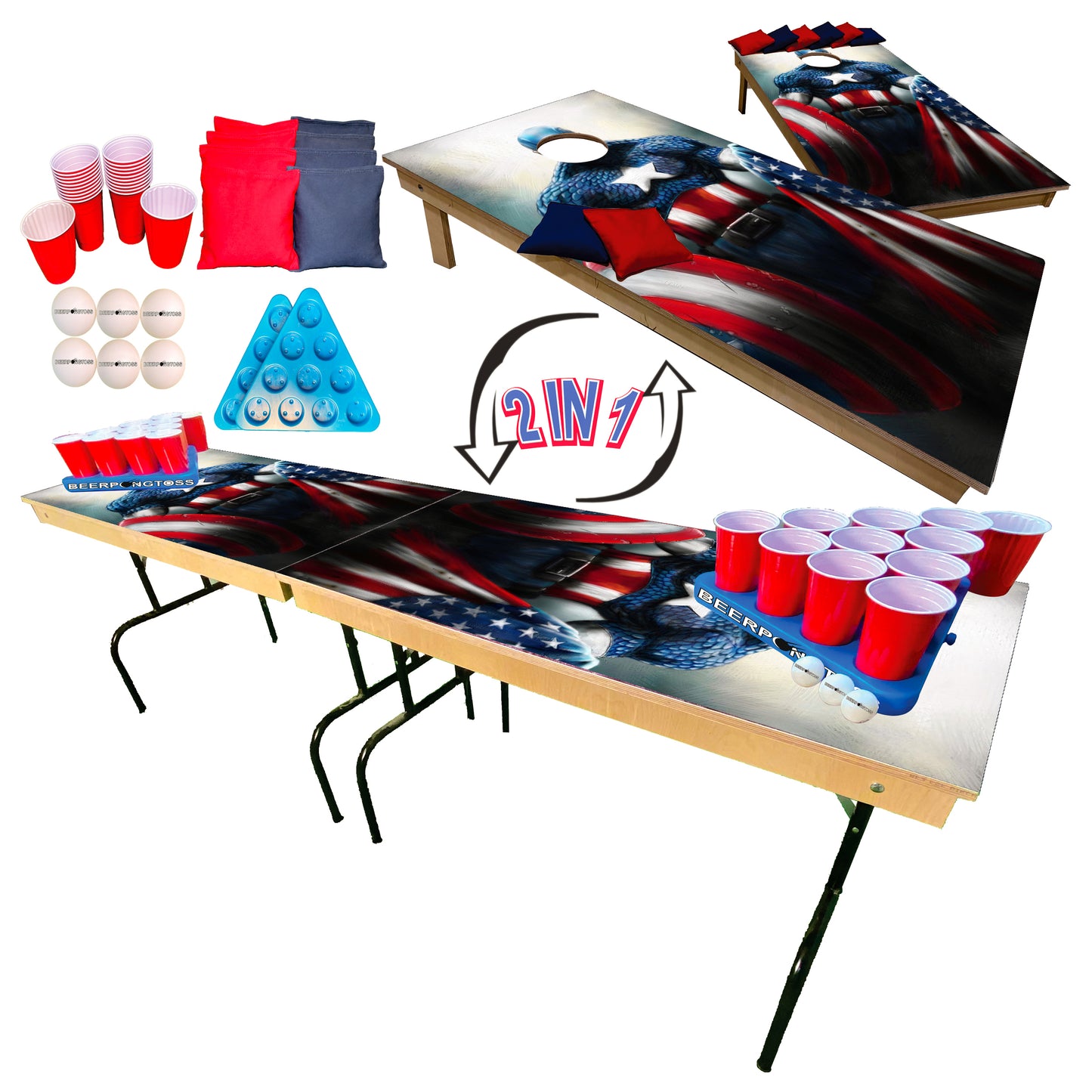 2-in-1 Cornhole & Pong Table - Captain USA