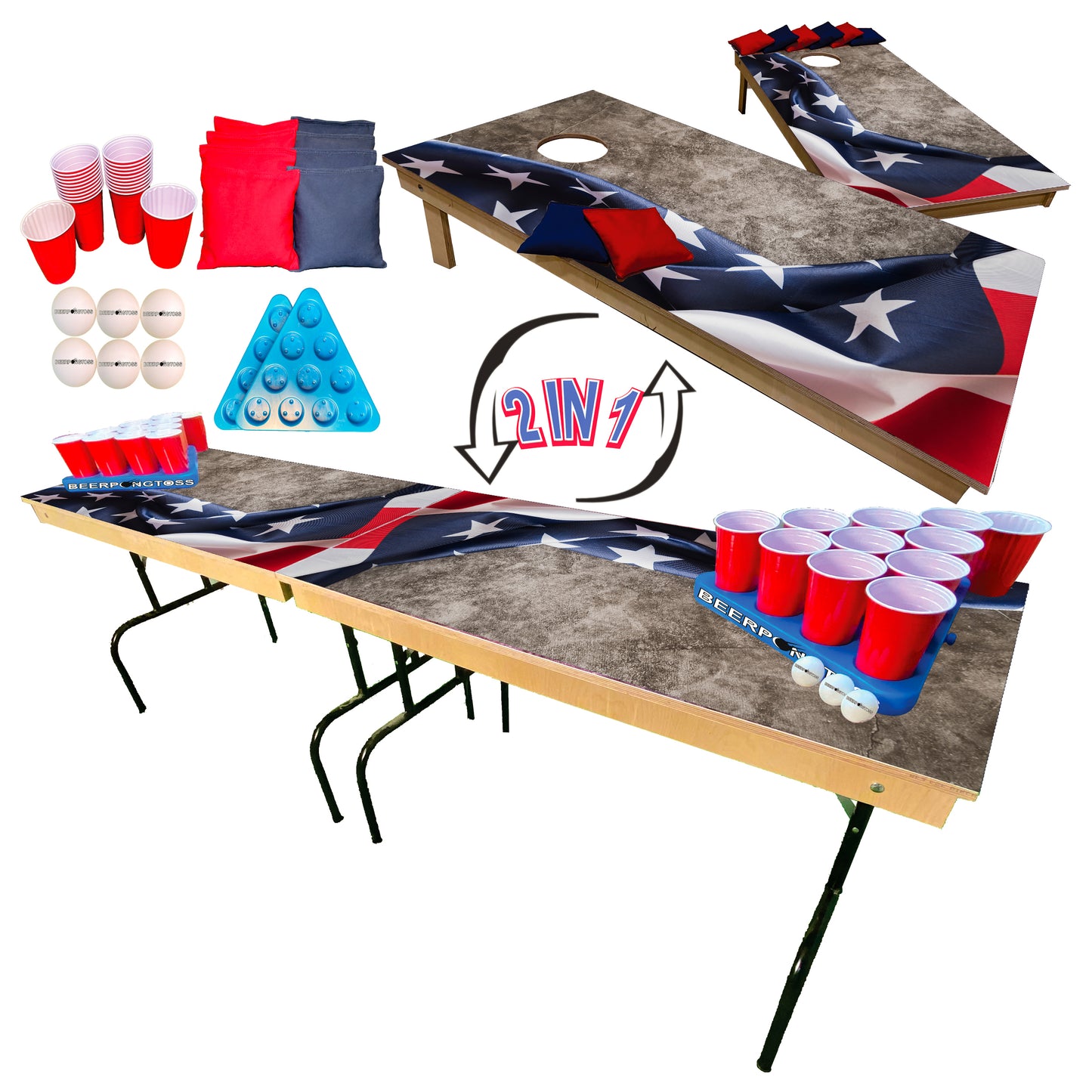 2-in-1 Cornhole & Pong Table - Concrete Flag