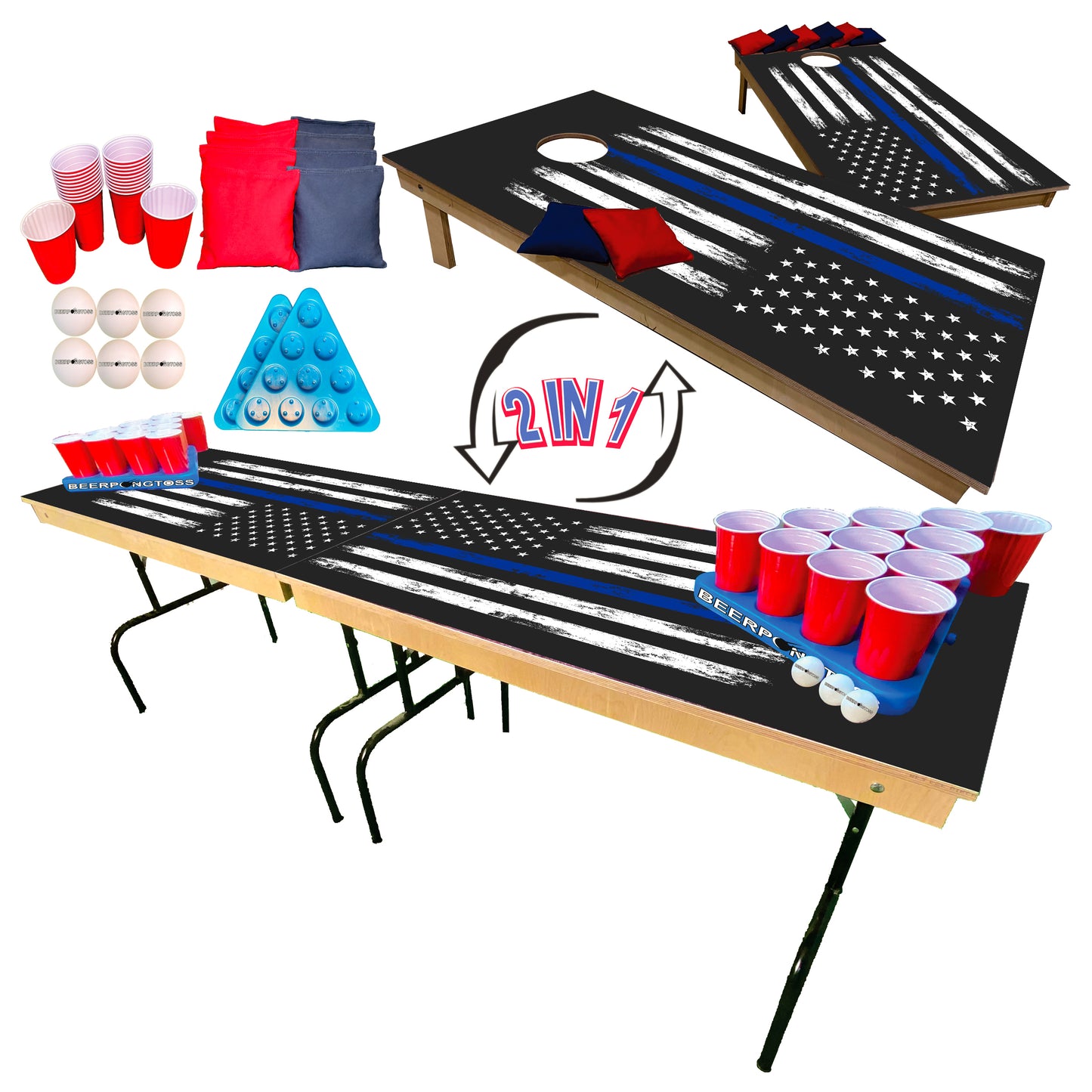 2-in-1 Cornhole & Pong Table - Blue Lives