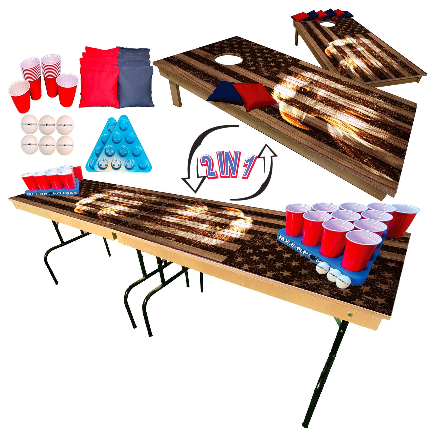 2-in-1 Cornhole & Pong Table - Engraved Eagle
