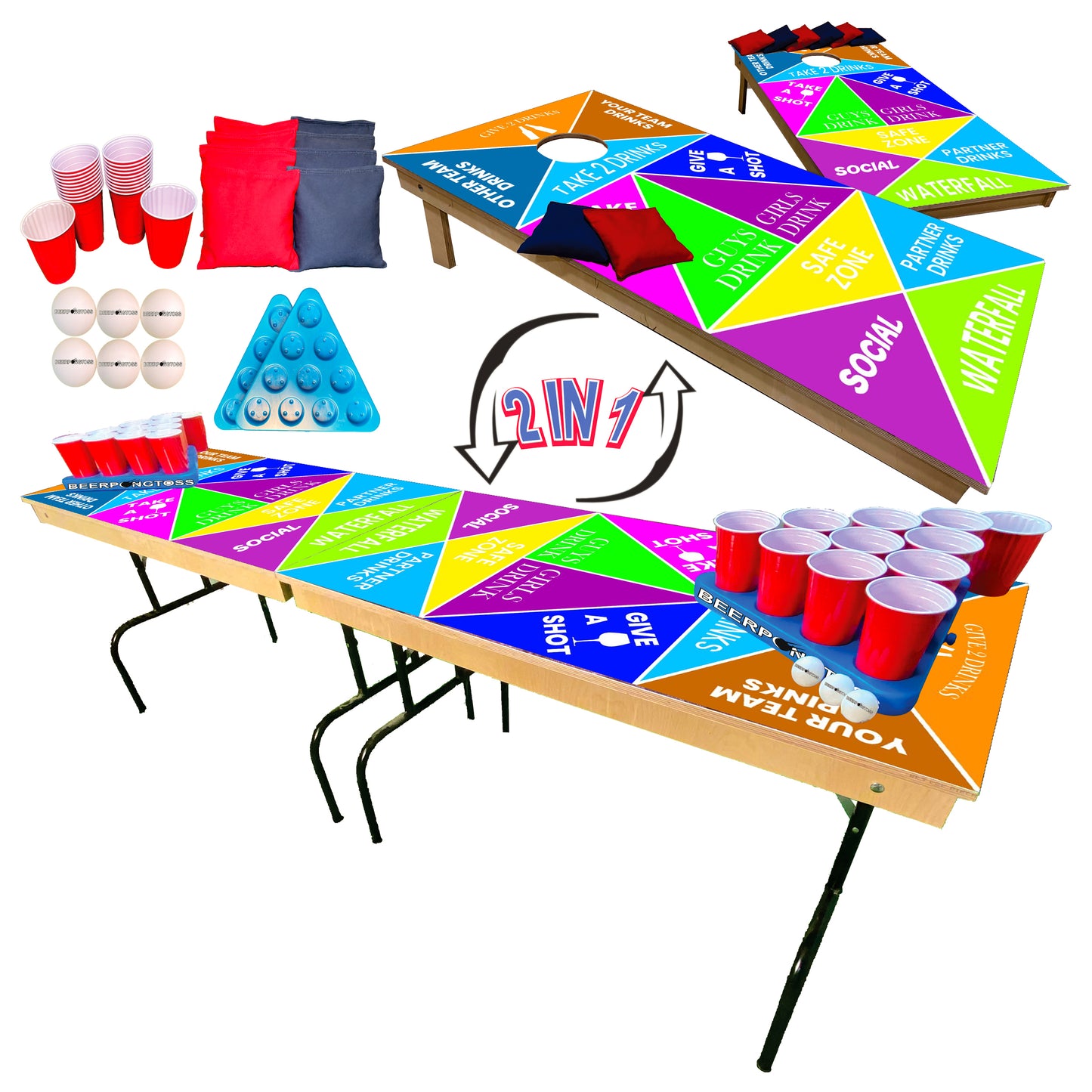 2-in-1 Cornhole & Pong Table - Classic Drinking