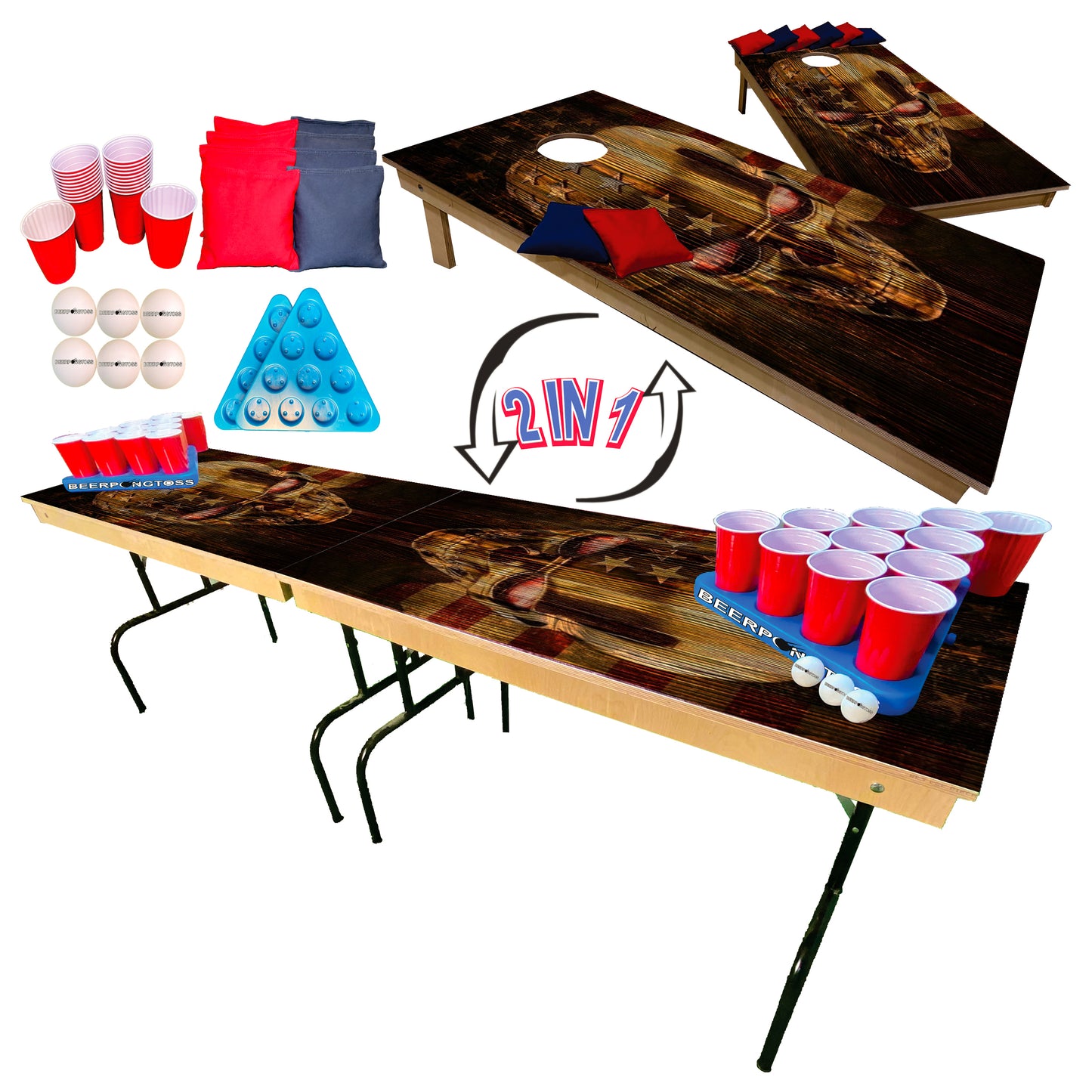 2-in-1 Cornhole & Pong Table - Red Eye Skull