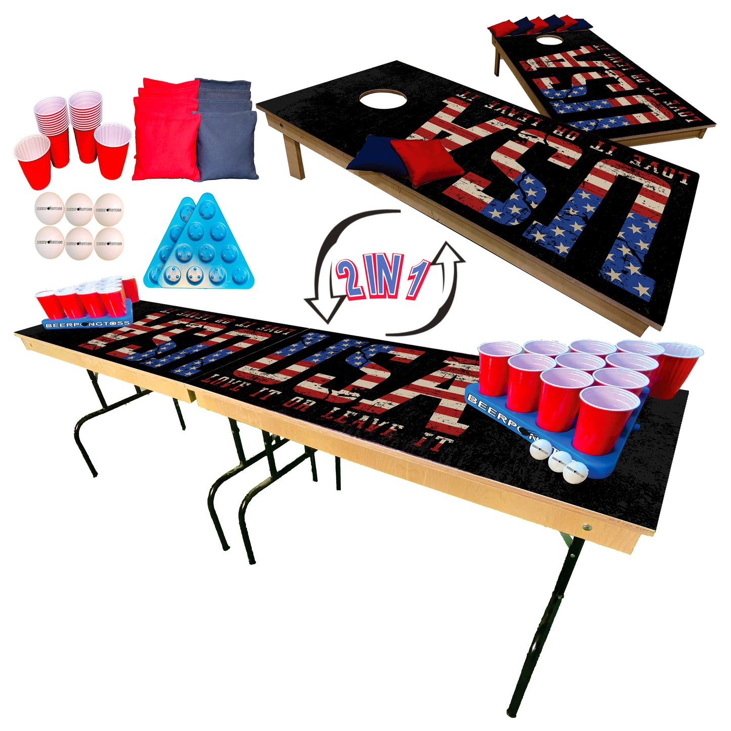 2-in-1 Cornhole & Pong Table - USA Love it or Leave