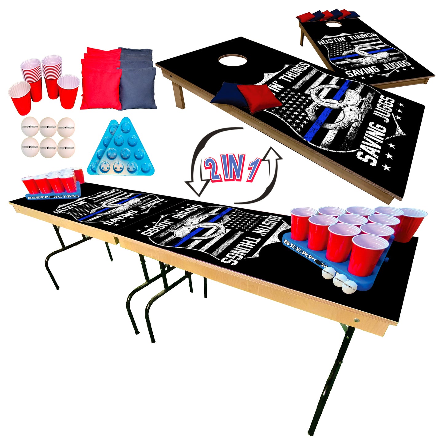 2-in-1 Cornhole & Pong Table - Saving Juggs