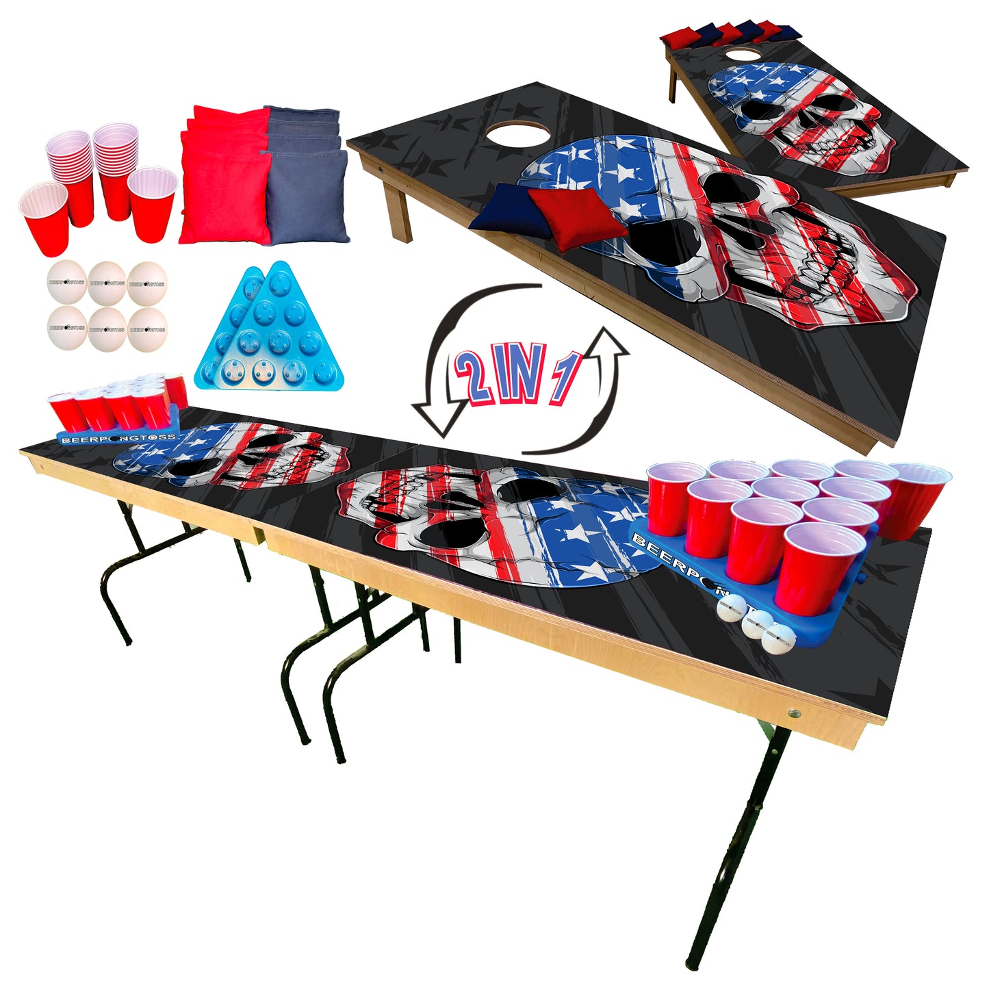 2-in-1 Cornhole & Pong Table - USA Skull