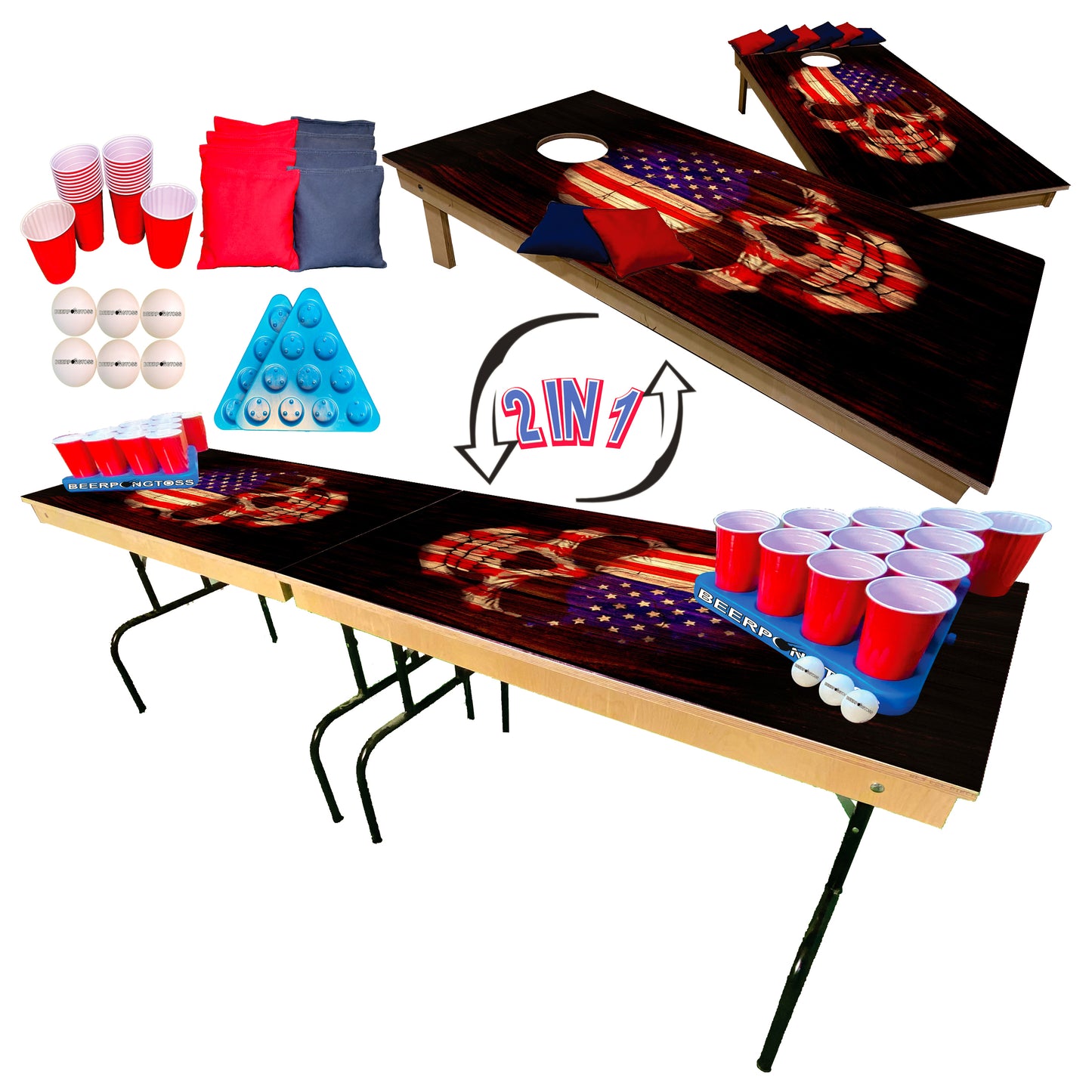 2-in-1 Cornhole & Pong Table - Punisher Skull