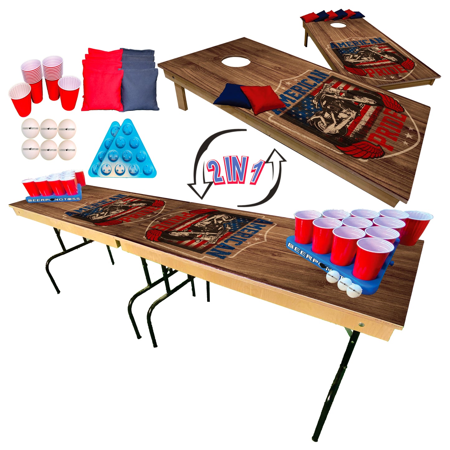 2-in-1 Cornhole & Pong Table -  Motorcycle Pride