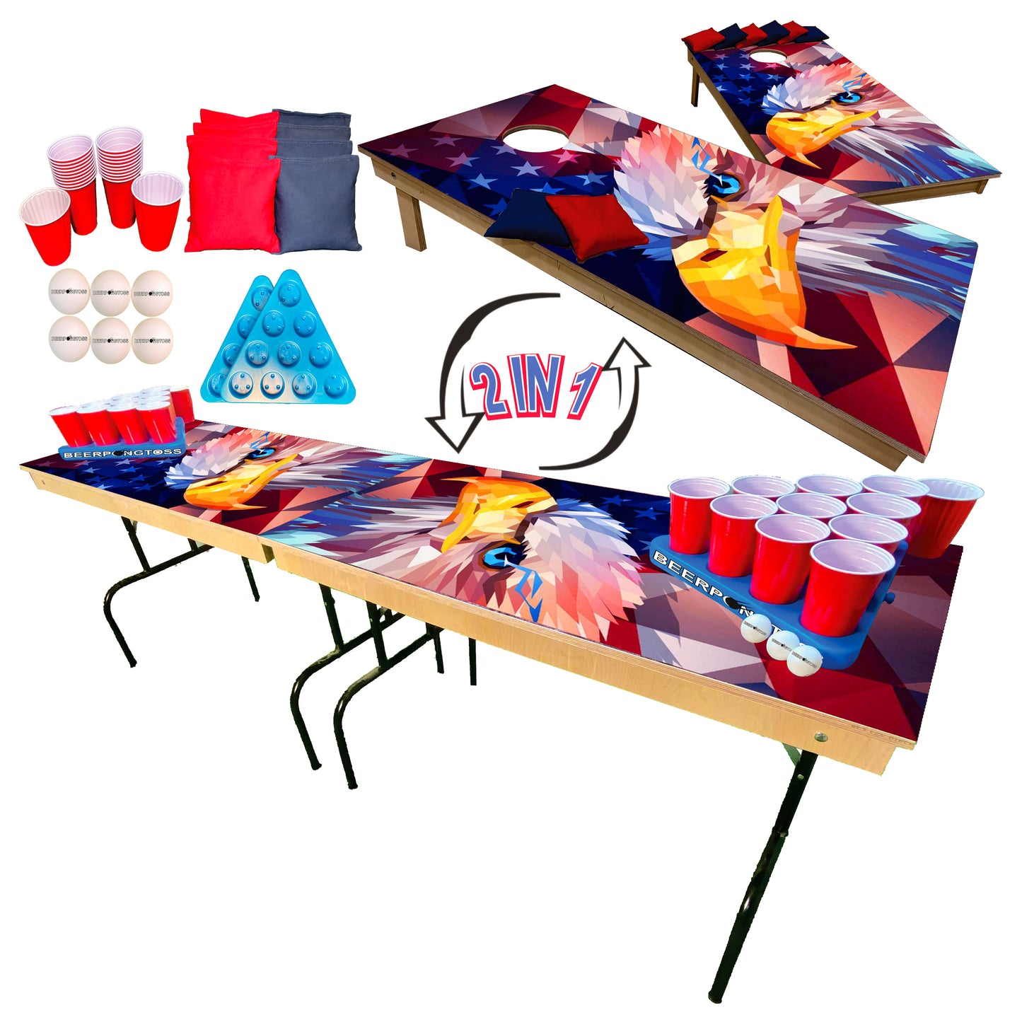 2-in-1 Cornhole & Pong Table - Eagle Art