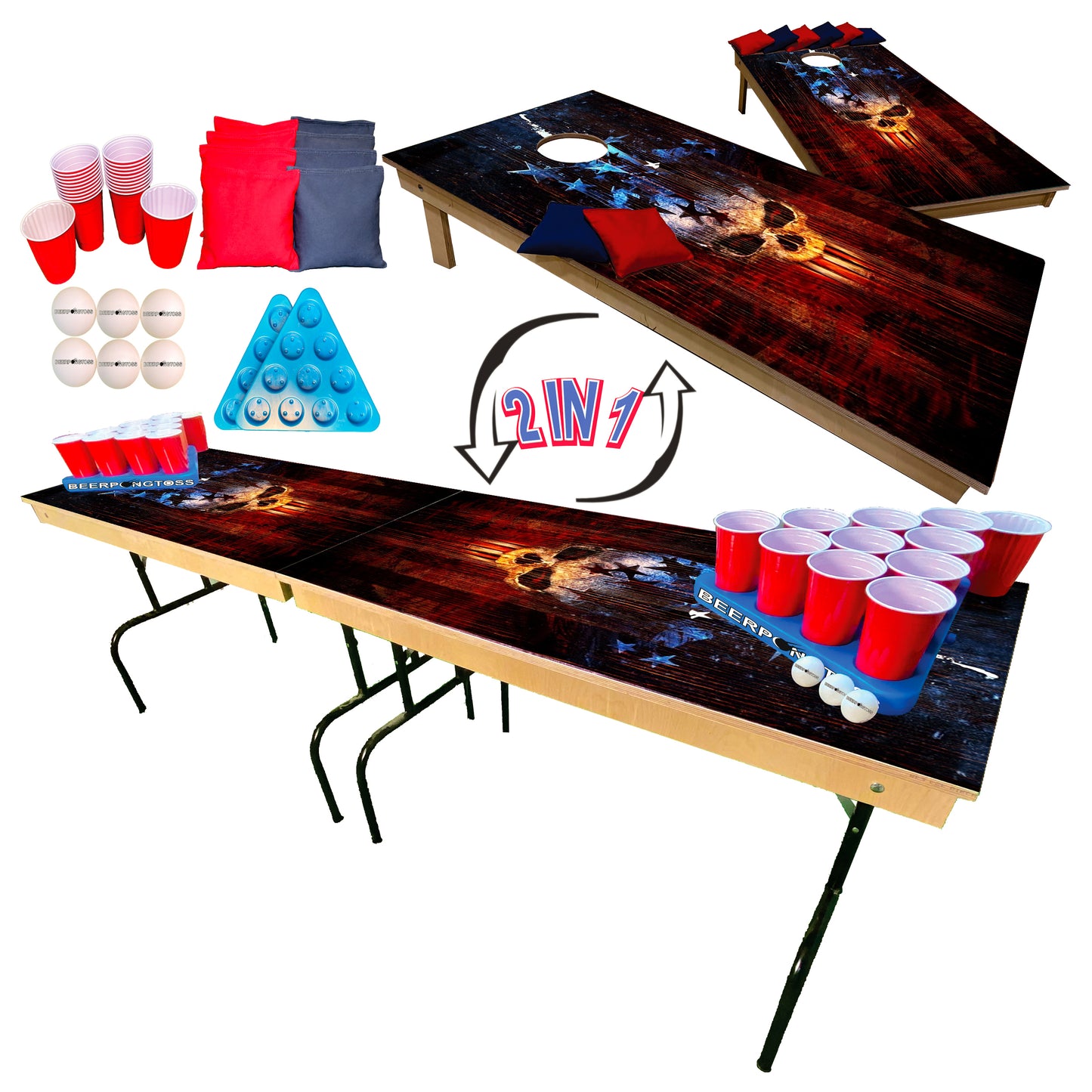 2-in-1 Cornhole & Pong Table - Evil Skull