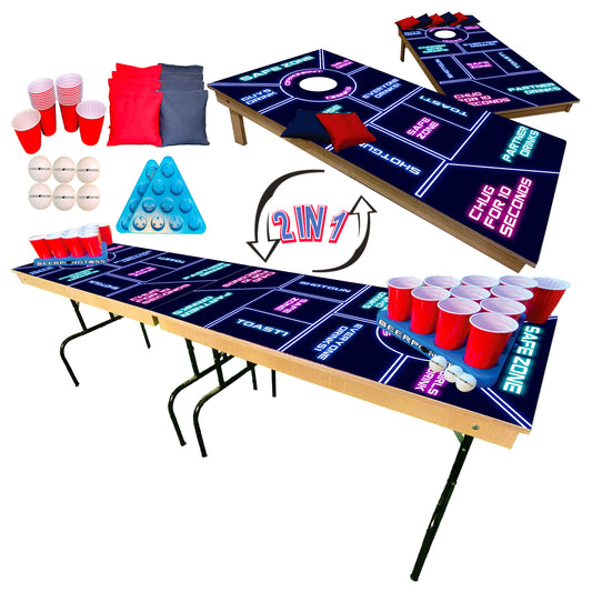 2-in-1 Cornhole & Pong Table - Neon Drinking