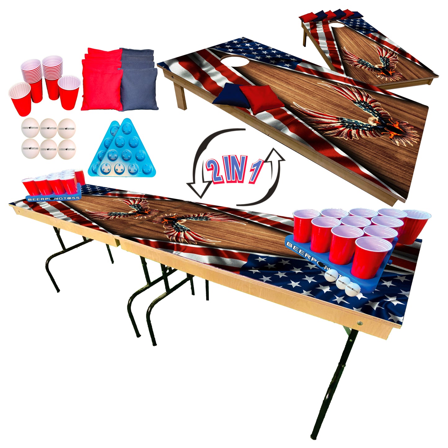 2-in-1 Cornhole & Pong Table - Flying Wood Eagle