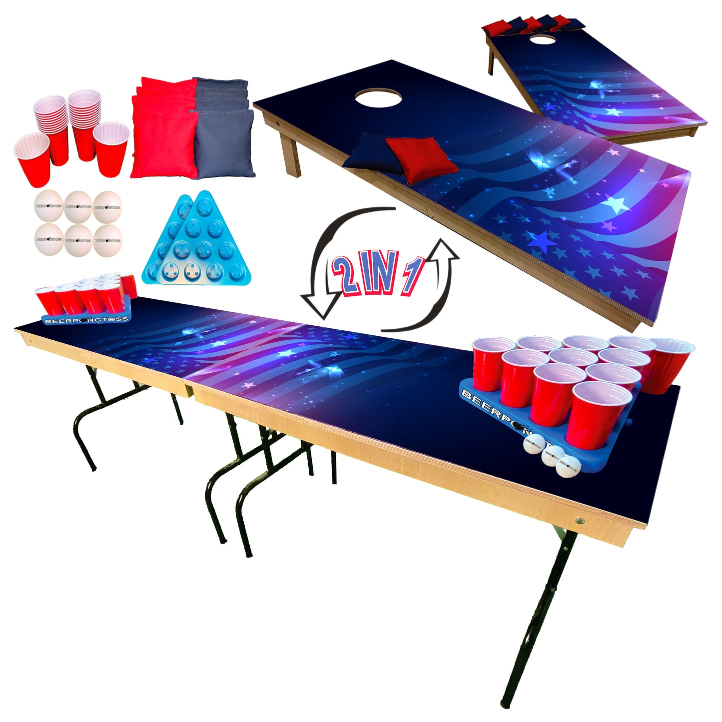 2-in-1 Cornhole & Pong Table - Glowing Flag