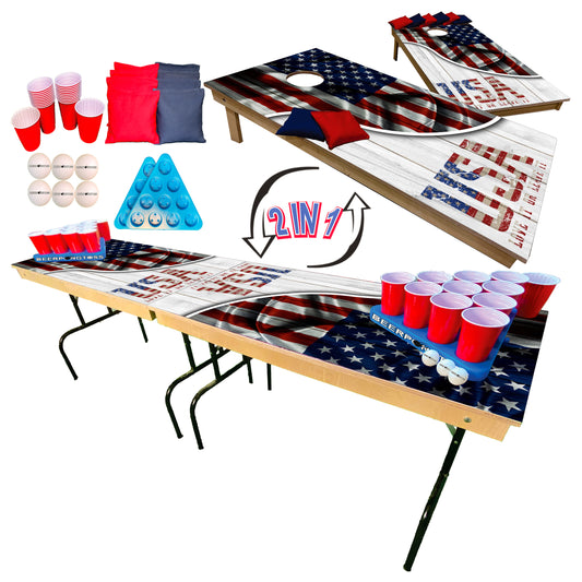 American2-in-1 Cornhole & Pong Table - USA Split Flag