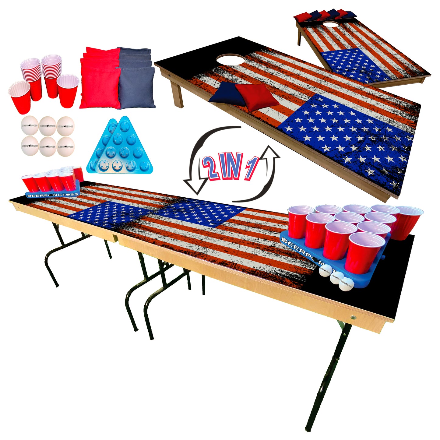 2-in-1 Cornhole & Pong Table - Distressed Flag