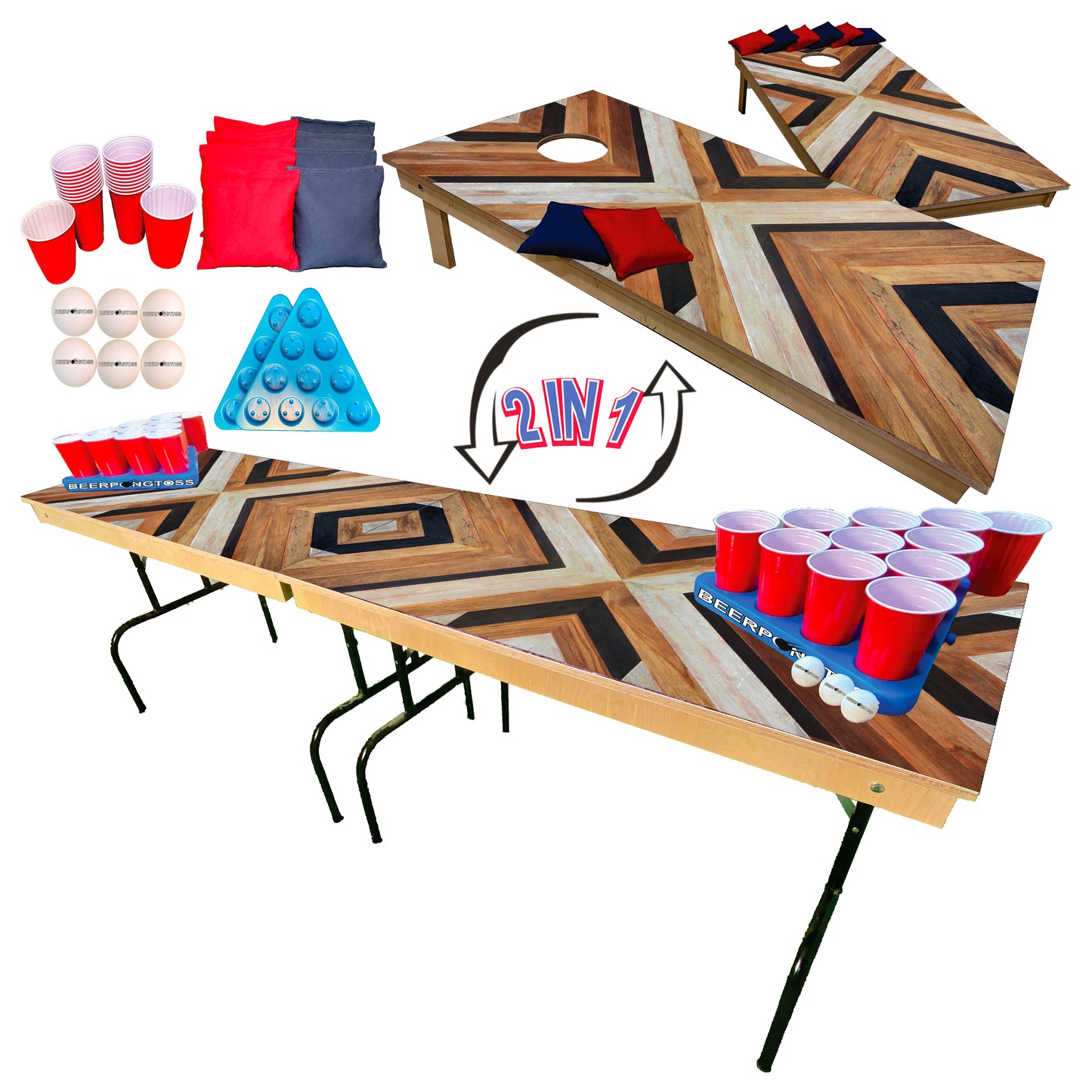 2-in-1 Cornhole & Pong Table - 4 Piece Wood